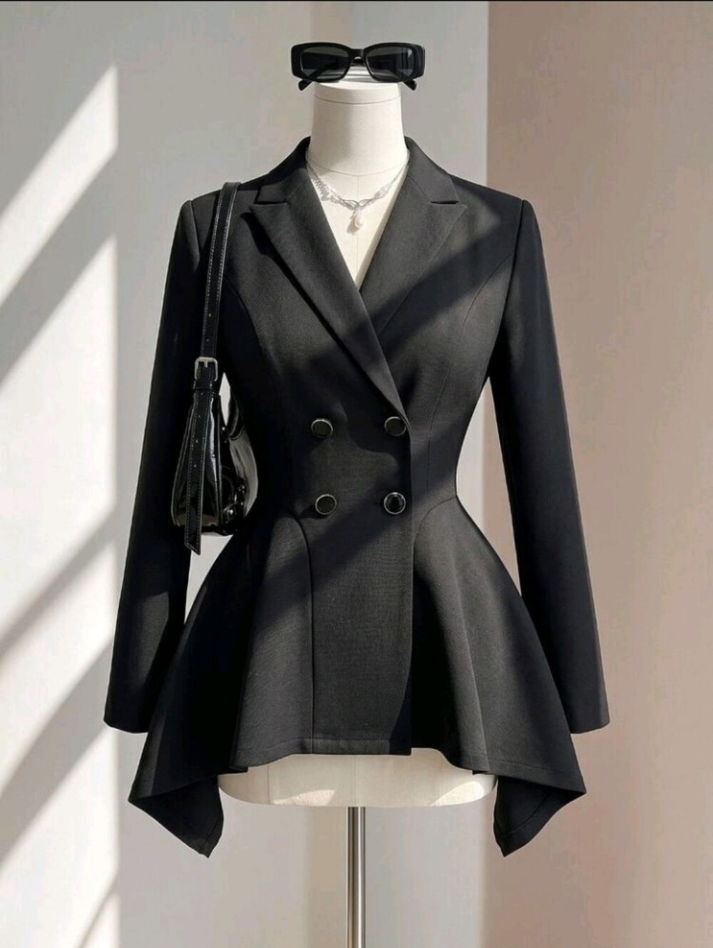 Elegant Fashion Commuter Office Premium Pure Black Lapel Double-breasted